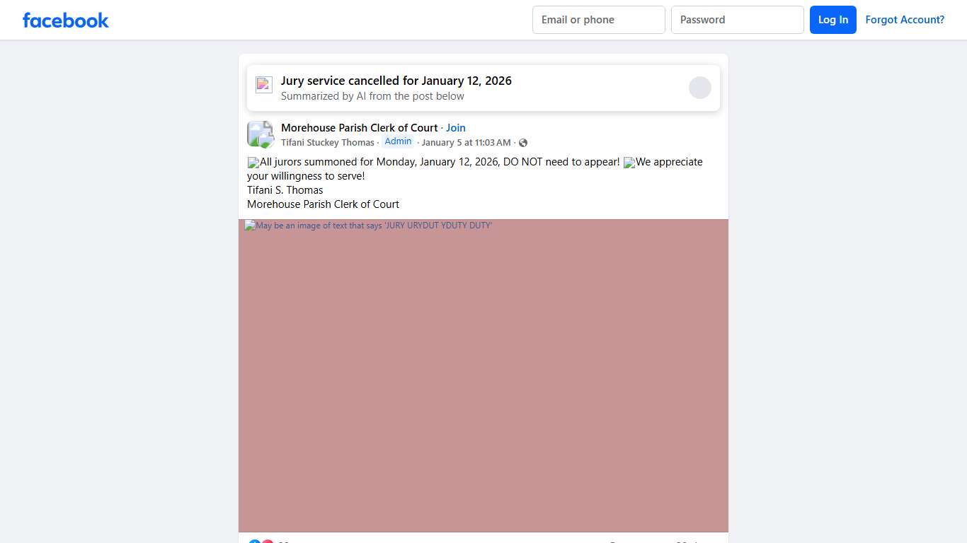 Morehouse Parish Clerk of Court 🔔All jurors summoned for Monday, January 12, 2026, DO NOT need to appear Facebook